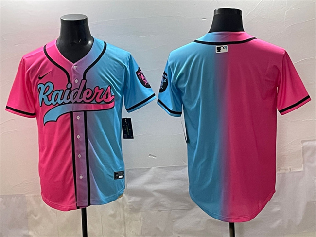 Men's Las Vegas Raiders Blank Pink/Blue Limited Stitched Baseball Jersey Men's Las Vegas Raiders Blank Pink/Blue Limited Stitched Baseball Jersey